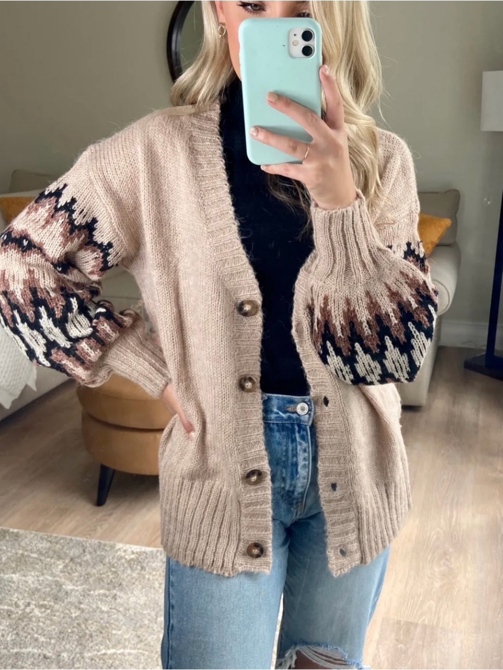 Lush Beige Cardigan with Black and Brown Patterned Sleeves